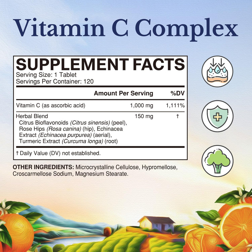 Vitalitown Vitamin C Complex 1000mg with Rose HIPS, Bioflavonoids, Turmeric & Echinacea, Daily Immune Support, Collagen Booster & Powerful Antioxidant, Vegan, 120 Tablets