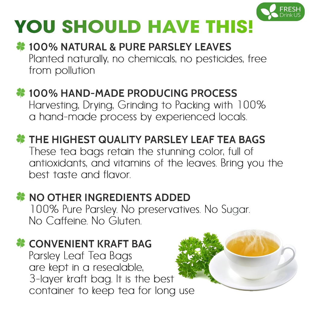 FreshDrinkUS, Premium 35 Parsley Leaf Tea Bags, 100% Natural & Pure from Parsley Leaves. Loose Leaf Parsley Herbal Tea. Made with Natural Material Tea Bags. No Sugar, No Caffeine, No Gluten, Vegan.