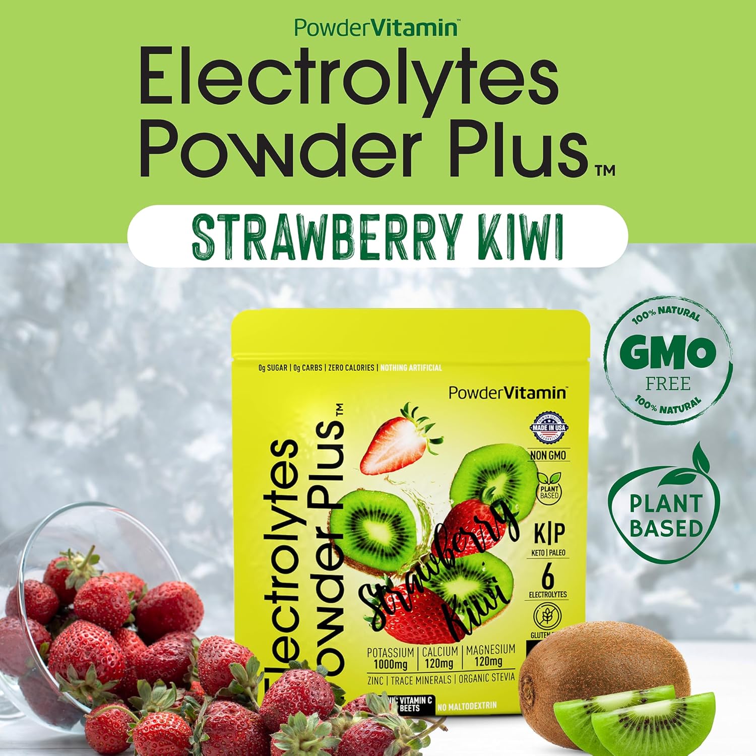 PowderVitamin Electrolytes Powder Plus (20 Servings) Strawberry Kiwi Electrolyte Powder Zero Calorie Keto,0 Sugar,No Maltodextrin,1000mg Potassium,120mg Calcium,120mg Magnesium, Pink Himalayan Salt