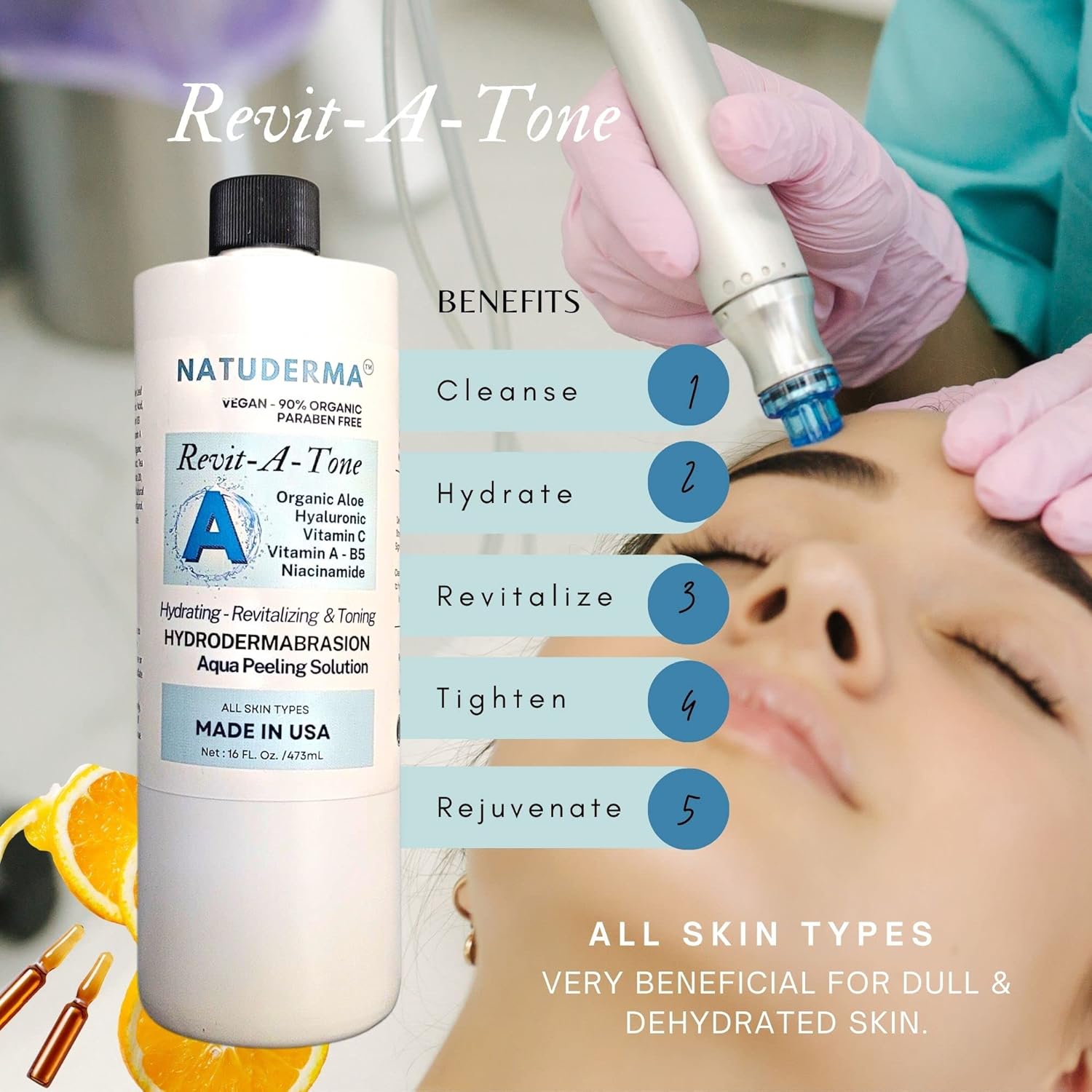 Hydrodermabrasion Solution, Aqua Peeling Serum, Solution for Wet Microdermabrasion, 3 bottles of 16 oz each, Natuderma Hydro Serum. MADE IN USA
