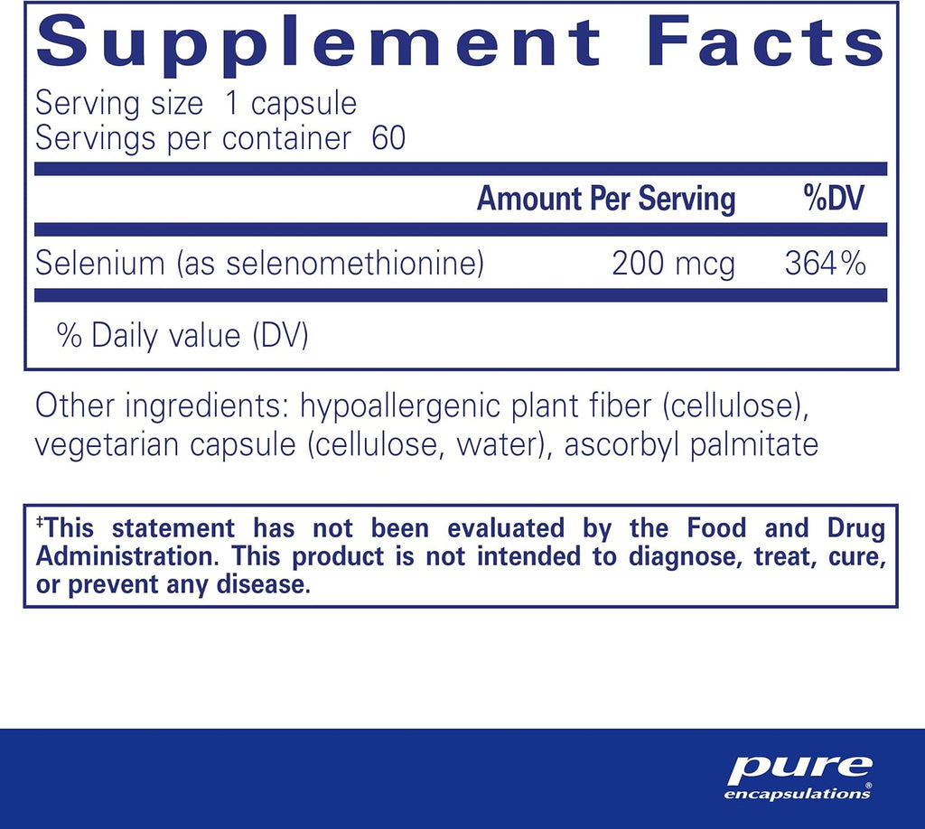 Pure Encapsulations Selenium - 200 mcg - for Healthy Cellular Function, Immune System & Antioxidant Defenses - Mineral Supplement - Vegan & Gluten Free - 60 Capsules