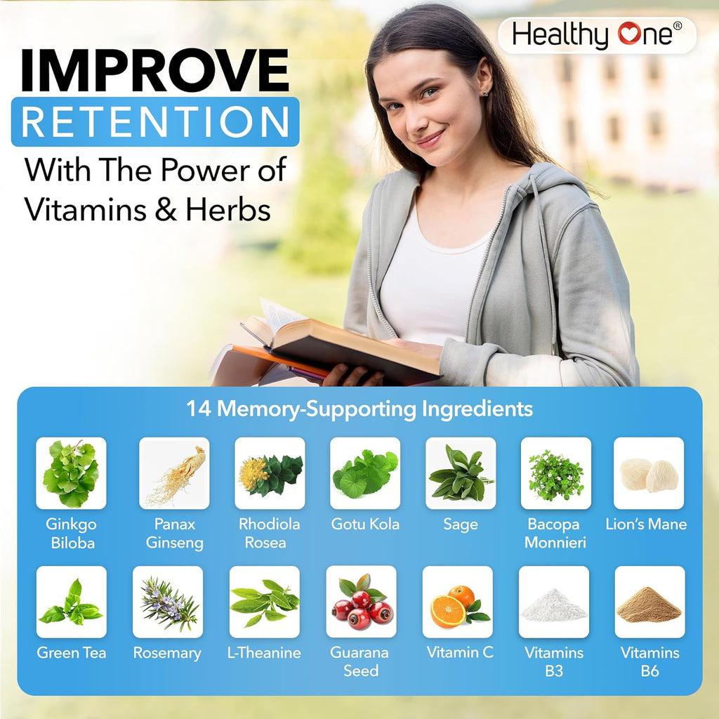 Healthy Mind - Safe for Teens - Brain Fog - Cognitive Function - Concentration - Focus - Neural Optimization - Mood - Ginkgo Biloba - Ginseng - Rhodiola - Bacopa - Gotu Kola - Green Tea - 60 Count