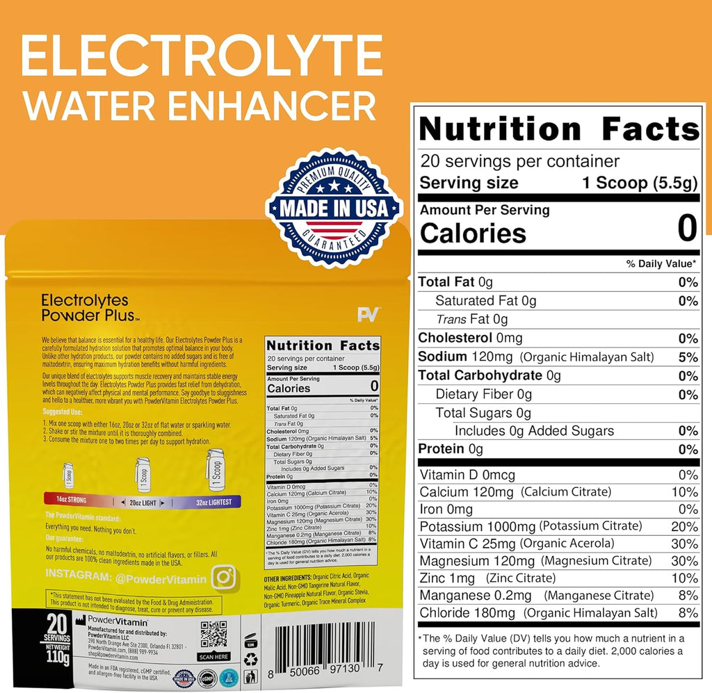 PowderVitamin Electrolytes Powder Plus (20 Servings) Tangerine Pineapple Electrolyte Powder Zero Calorie Keto,0Sugar,No Maltodextrin,1000mg Potassium,120mg Calcium,120mg Magnesium, Pink Himalayan Salt