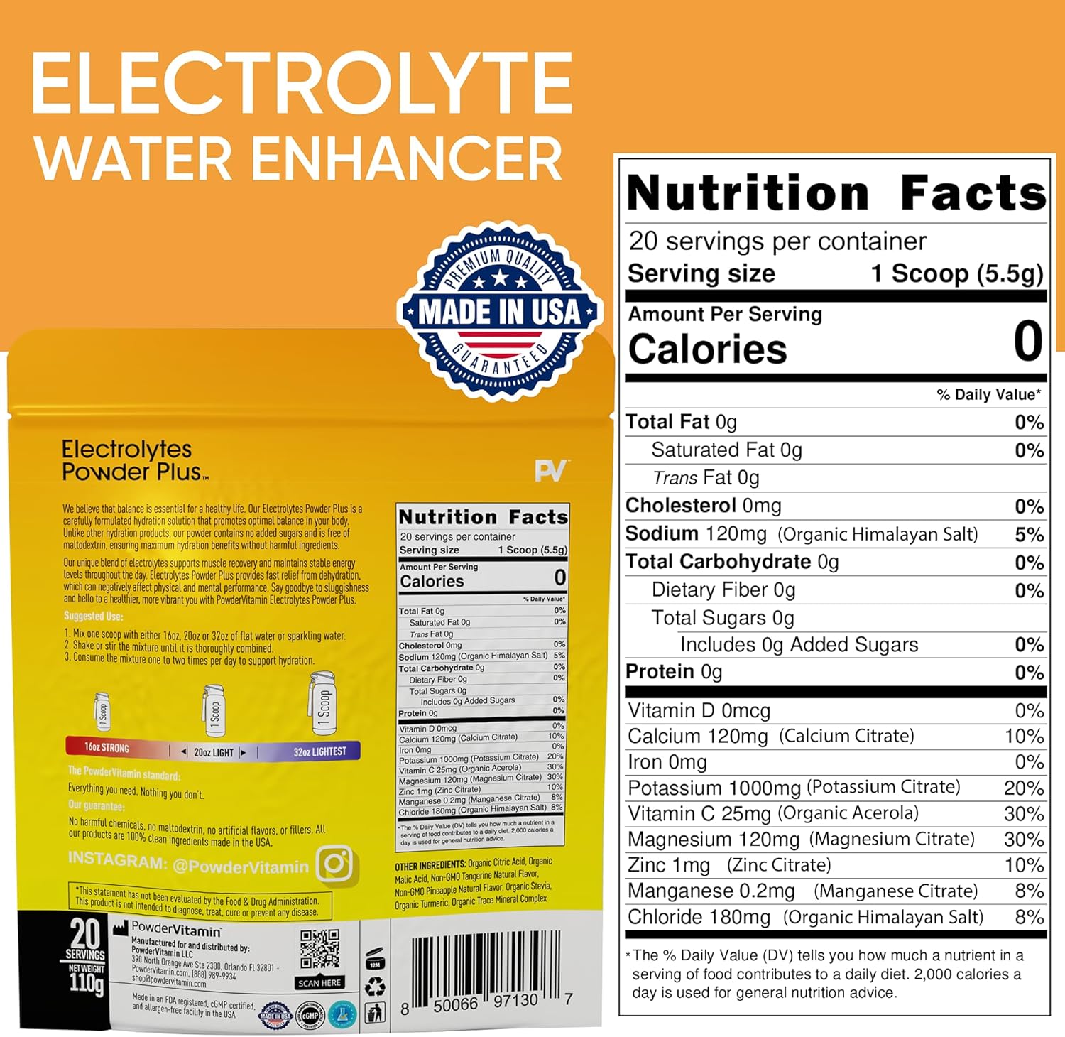 PowderVitamin Electrolytes Powder Plus (20 Servings) Tangerine Pineapple Electrolyte Powder Zero Calorie Keto,0Sugar,No Maltodextrin,1000mg Potassium,120mg Calcium,120mg Magnesium, Pink Himalayan Salt