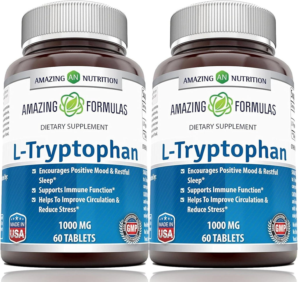 Amazing Formulas L-Tryptophan 1000mg Tablets Supplement | Non-GMO | Gluten Free | Made in USA (60 Count | 2 Pack)
