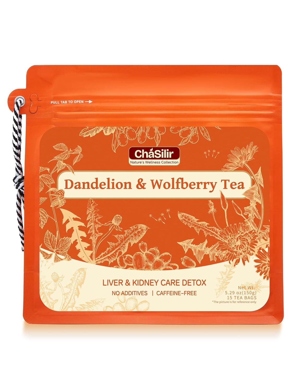 ChaSilir Organic Dandelion Root & Wolfberry Detox Tea Bags - Liver & Kidney Health Support, 15 Compostable Corn Fiber Bags (Caffeine-Free, Plastic-Free, Cleanse & Repair Formula)
