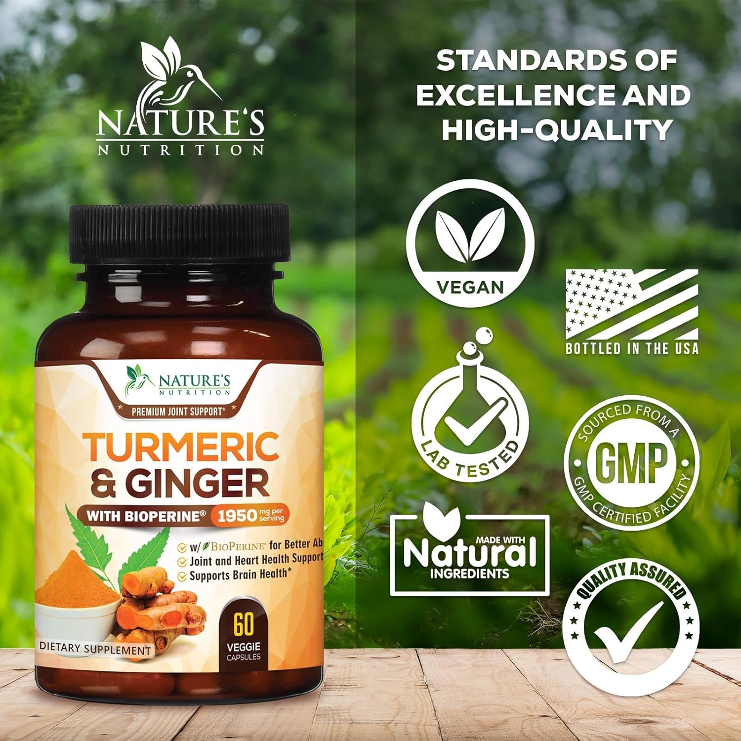 Turmeric Curcumin Supplement 1950mg - 95% Curcuminoids with Organic Turmeric & Ginger, BioPerine Black Pepper for Best Absorption, Nature's Vegan Joint Support, Non-GMO, Bottled in USA - 60 Capsules