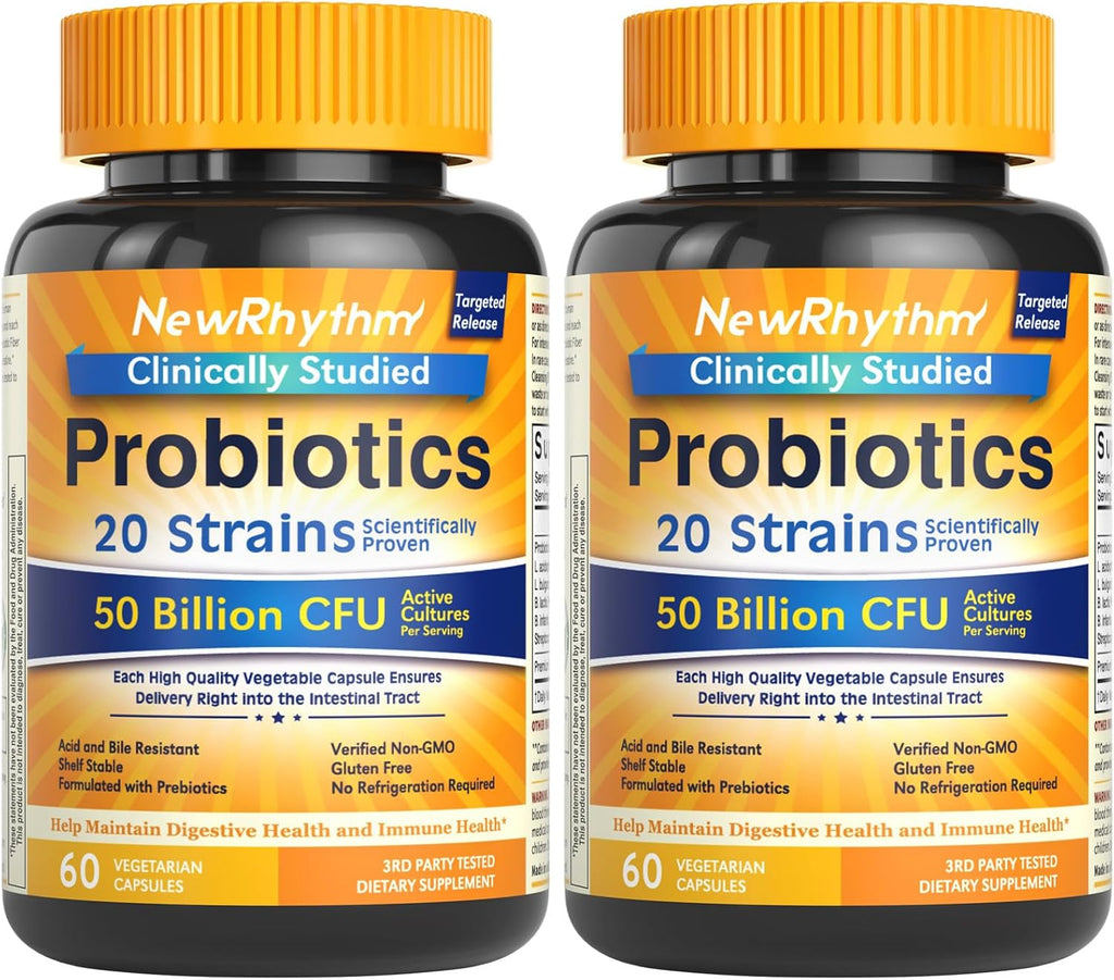 NewRhythm Probiotics 50 Billion CFU 20 Strains, 120 Veggie Capsules, Targeted Release Technology, Stomach Acid Resistant, No Need for Refrigeration, Non-GMO, Gluten Free