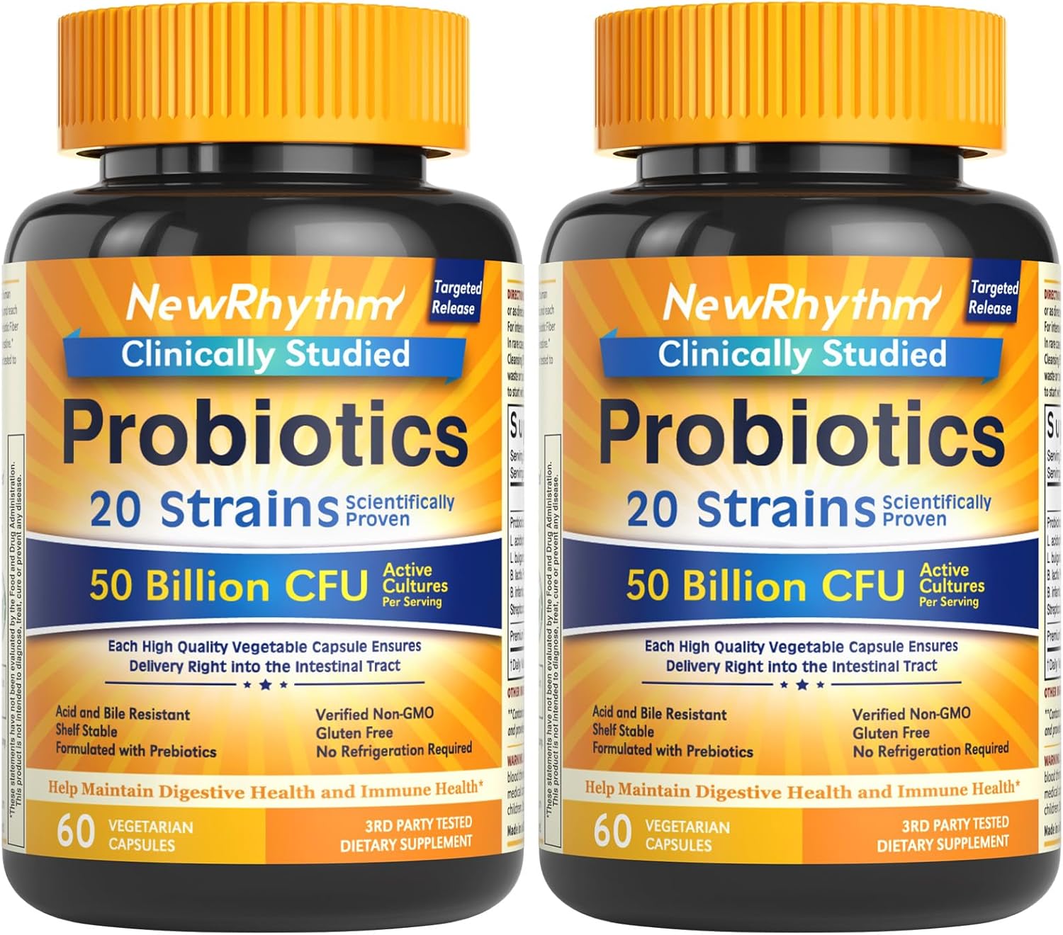 NewRhythm Probiotics 50 Billion CFU 20 Strains, 120 Veggie Capsules, Targeted Release Technology, Stomach Acid Resistant, No Need for Refrigeration, Non-GMO, Gluten Free