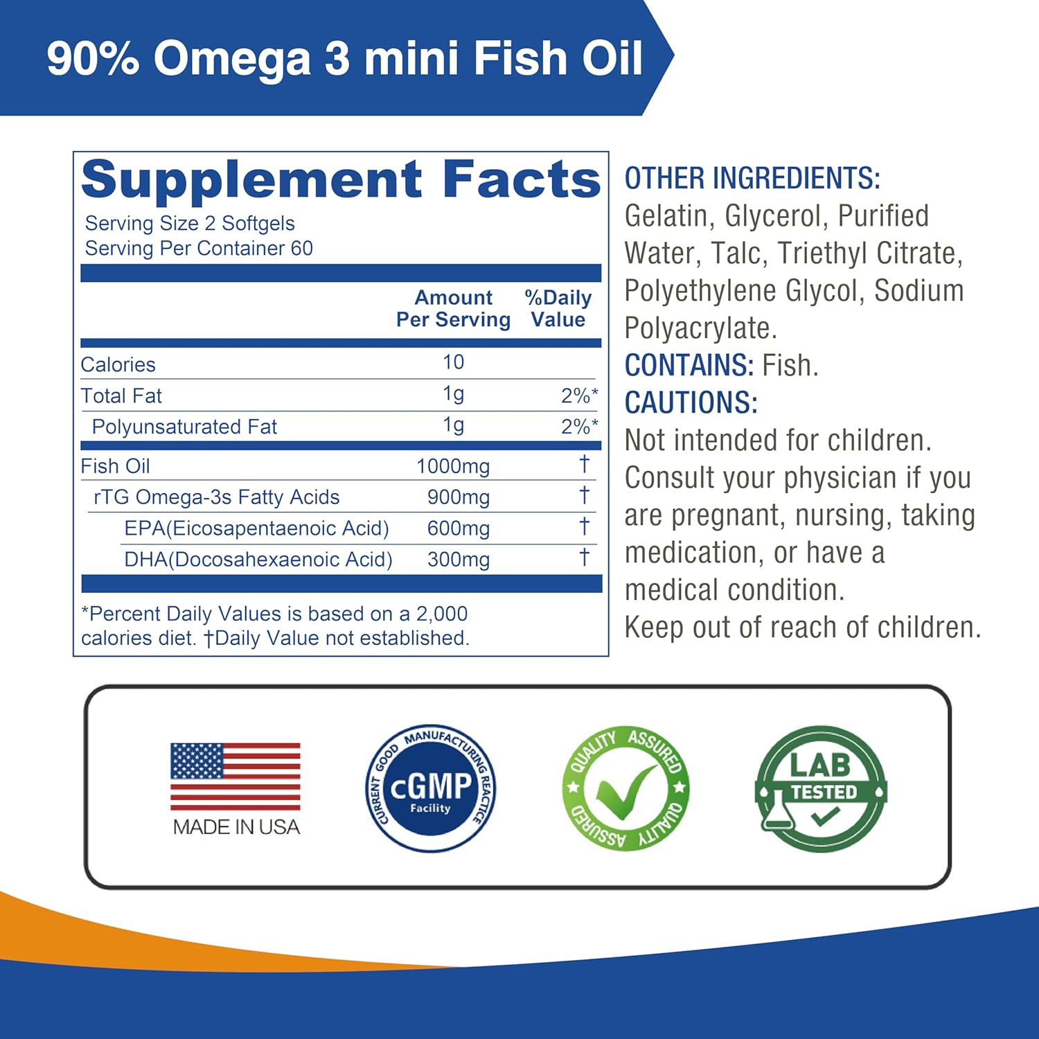 Lovita Omega-3 Fish Oil, 2000mg Daily, High Absorption rTG Form, 90% Omega-3, Burpless, Easy to Swallow, Support Healthy Heart, Brain and Eyes, 120 Enteric-Coated Softgels