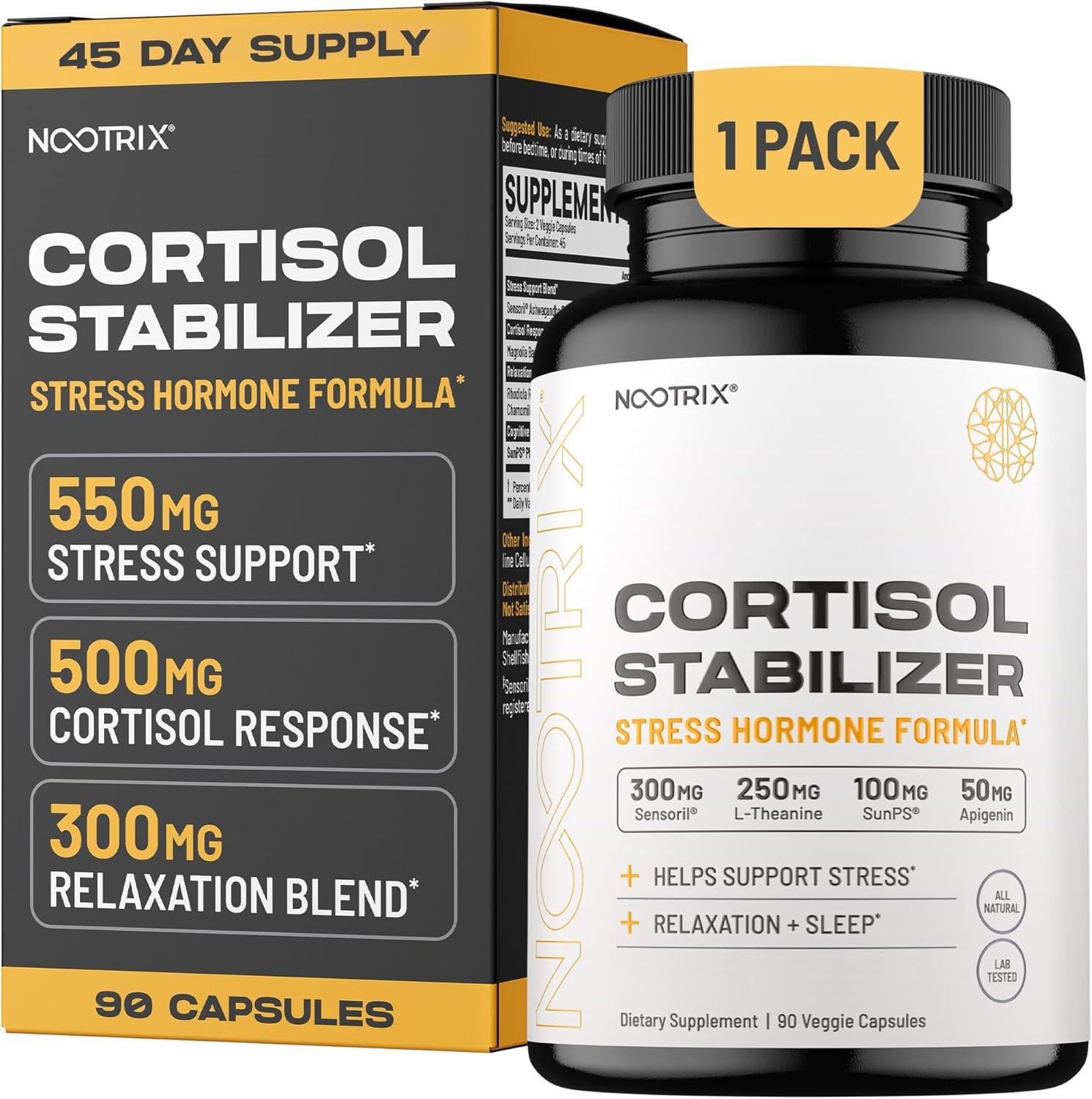 Cortisol Manager & Stabilizer Supplement | Supports Deep Sleep, Relaxation, Adrenal Health & Stress | 300mg Ashwagandha | L-Theanine, Rhodiola Rosea Extract & Apigenin | 90 Capsules