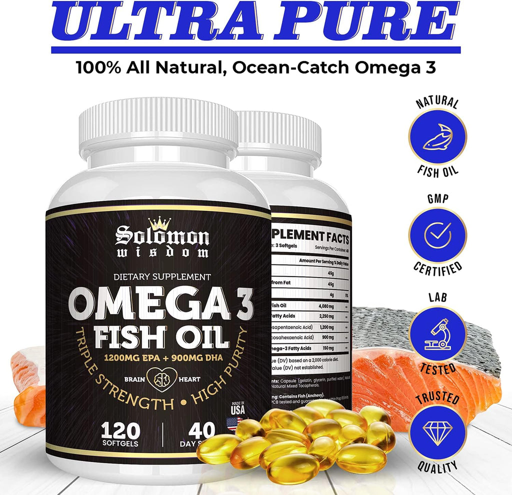 SOLOMON WISDOM Omega 3 Fish Oil - Dietary Supplement for Healthy Heart & Brain - 120 Soft Gel Capsules with High EPA 1200mg & DHA 900mg - Burpless, Odorless with Natural Lemon Flavor