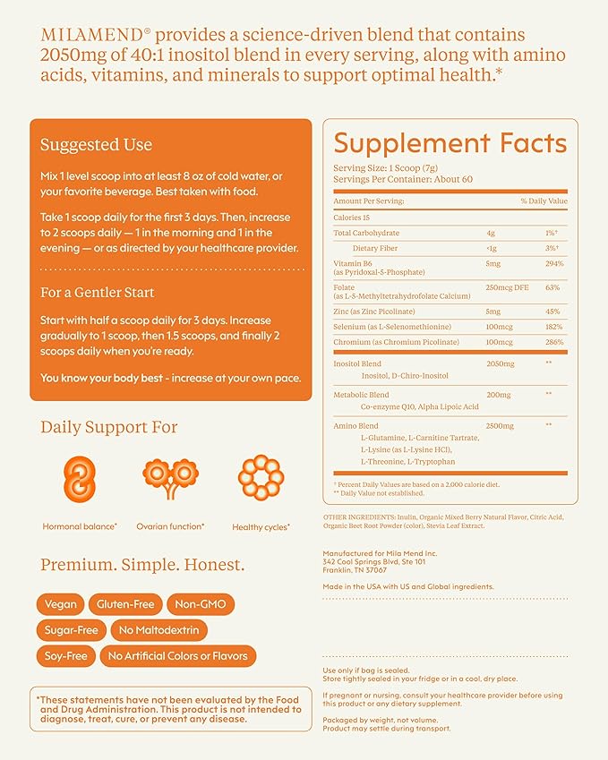 milamend Hormone Balance for Women 40:1 Myo-Inositol D-Chiro Inositol Supplement + CoQ10, ALA, & Amino Acids – Fertility, Ovarian & Cycle Support – Mixed Berry Powder – 30-Day Supply