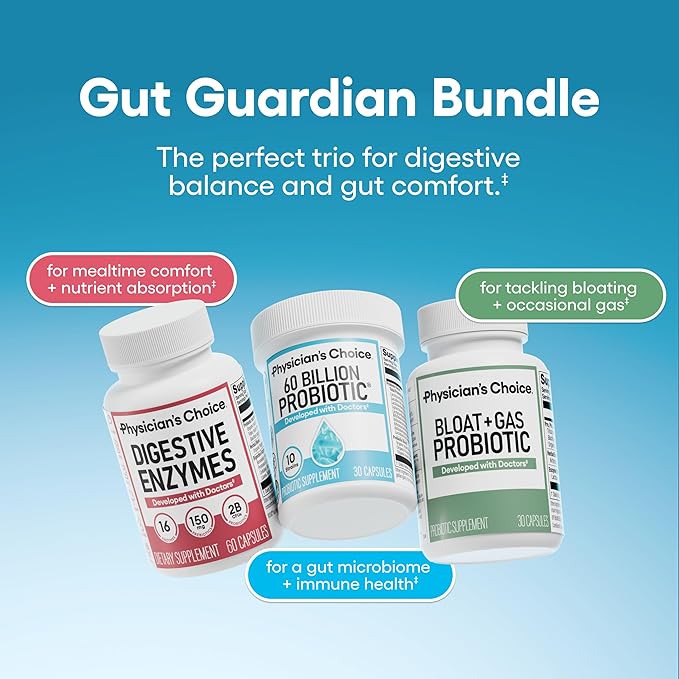 Physician's CHOICE Gut Guardian Bundle: Advanced Bloating & Digestion Support with 60 Billion Probiotic, Digestive Enzymes & Bloat + Gas Probiotic - Daily Gut Health Support for Women and Men