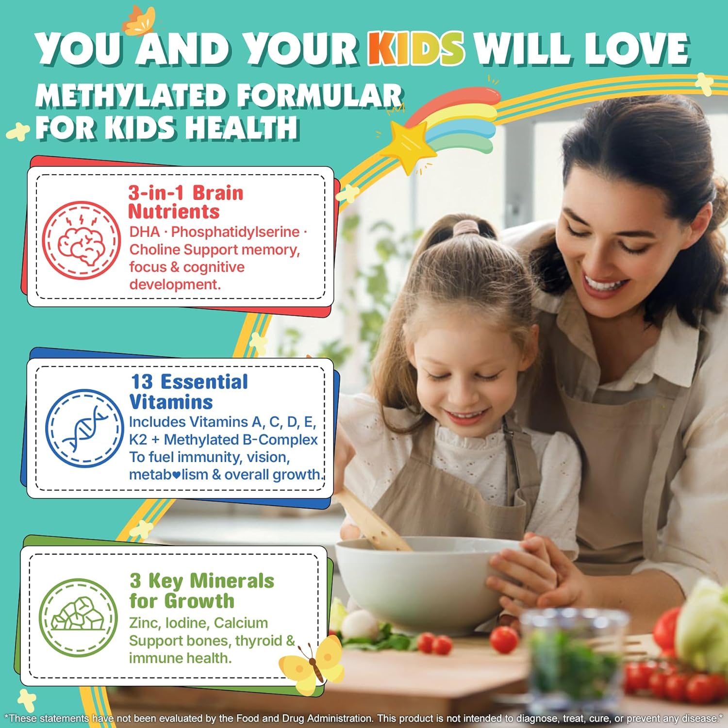 NEVISS Multivitamin for Kids Teen Soft Chews, Vitamin Gummies w/Omega 3 DHA, Calcium, Choline, Methyl B12 D3 K2 Folate & B Complex for Children's Brain, Bone, Immune and Healthy Growth, 60 Day Supply