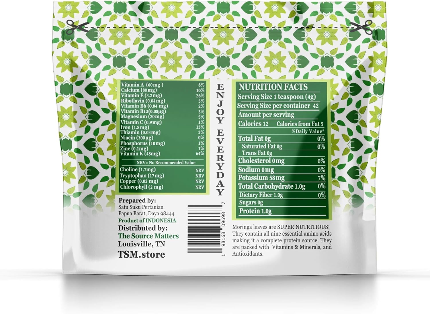 Organic Moringa Leaf Powder | Fresh-Dried Superfood From Indonesia | USDA Certified Organic | Ideal For Blending Into Smoothies, Teas, or Juice - 170g Bulk Pouch (42 Servings)