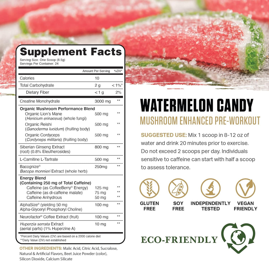 Ambrosia Kinetic Organic Preworkout, Mushroom Enhanced Natural Pre Workout Supplement, Nootropic Superfood Powder for Energy (Watermelon Candy)