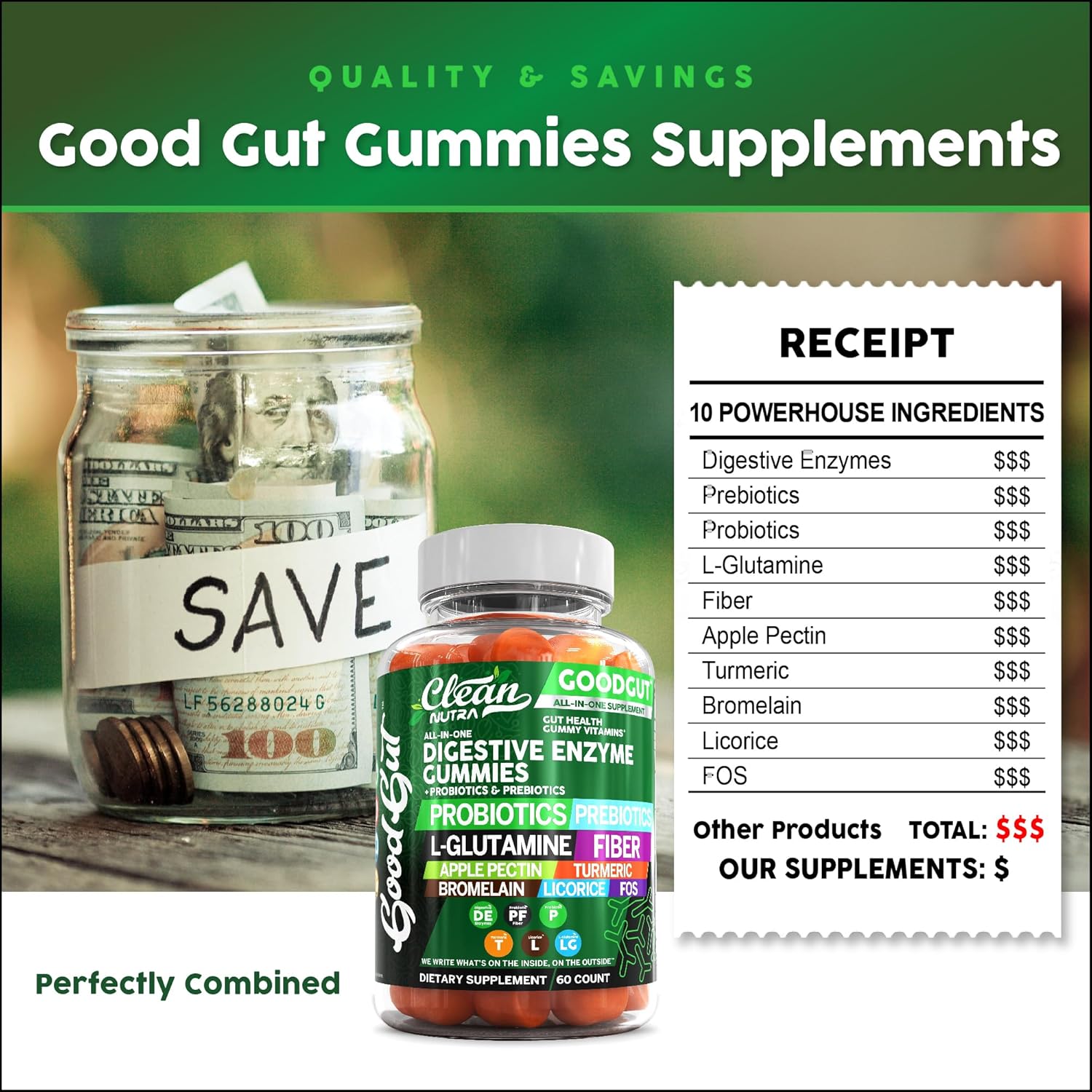 Clean Nutraceuticals Digestive Enzymes with Probiotics & Prebiotics for Digestive Health Gummies & L-Glutamine for Gut Health Bromelain Apple Pectin Inulin FOS Plant Based Vegan Gummy Vitamins