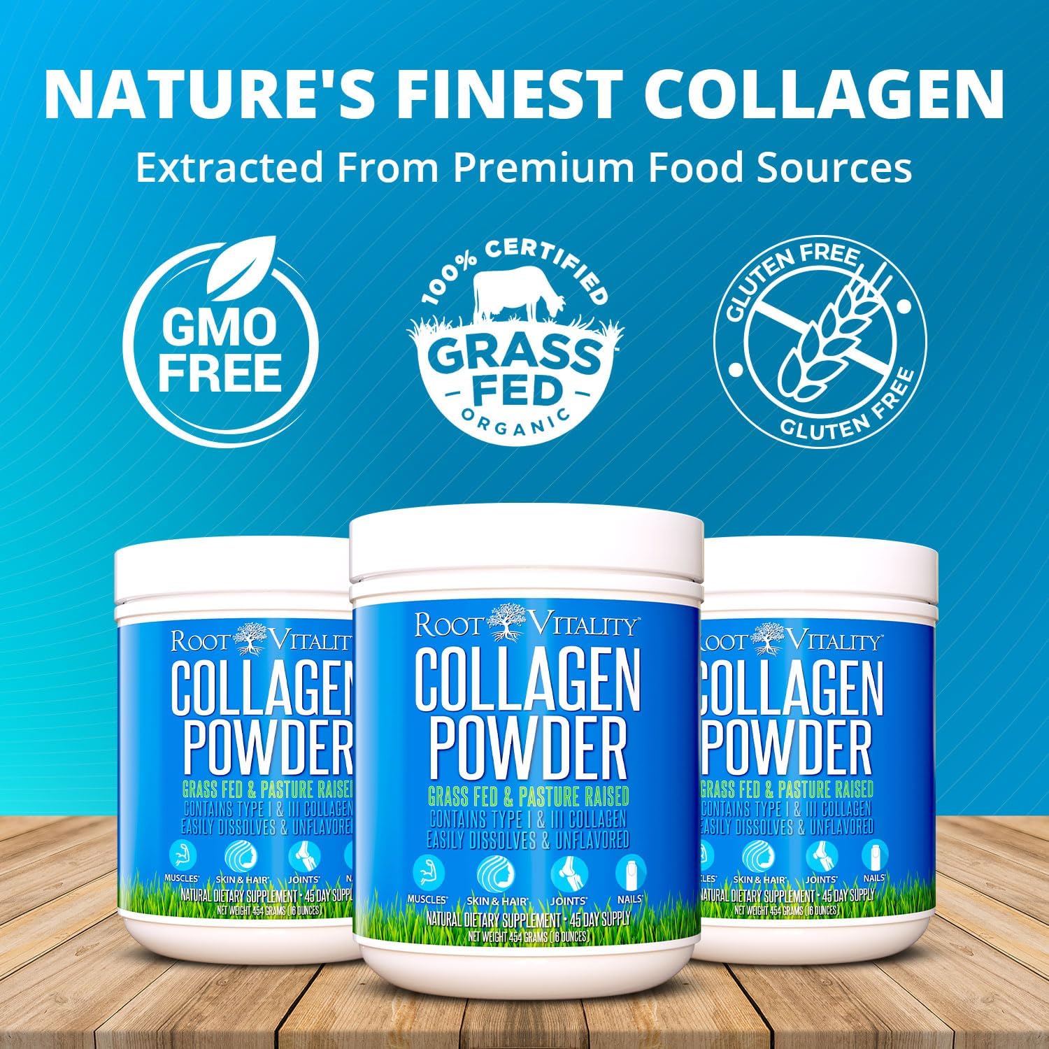 Root Vitality Collagen Peptides Powder - Grass-Fed, Pasture-Raised Hydrolyzed Protein Supplement for Skin, Hair, & Nails - Non-GMO, Zero Sugar Daily Supplement for Men & Women (22 Servings)