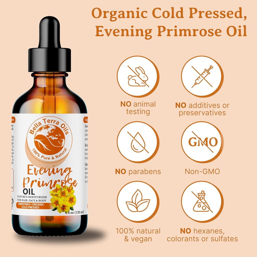 Bella Terra Oils - Organic Evening Primrose Oil 8 oz - Pure Primrose Extract, Enriched with GLA & Antioxidants, Perfect for Skin & Hair Nourishment