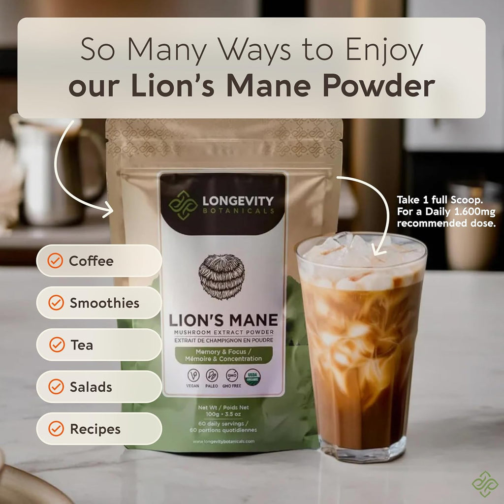 Organic Lions Mane Powder Mushroom Supplement 100g | Pure Fruiting Body 8:1 High Strength Extract | 20% Beta-D Glucans | 13,280mg Raw Equivalent Per Serving | Focus, Memory, Gut, Nerve & Brain Support