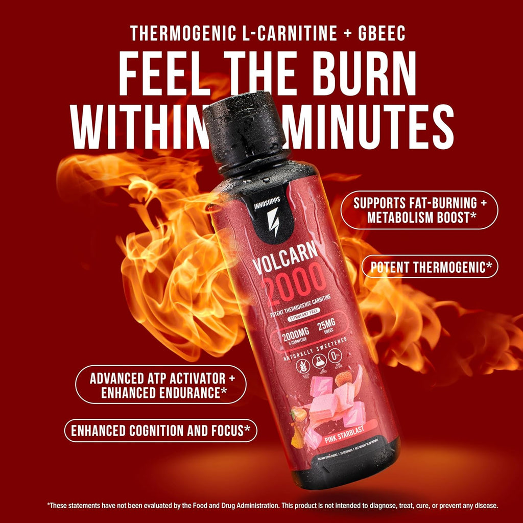 InnoSupps Volcarn 2000 - L-CARNITINE Advanced Energy Liquid | ATP Enhancer with GBEEC | Boosts Energy, Enhances Focus, Caffeine Free, No Artificial Sweeteners | 32 Servings (Pink Starblast)