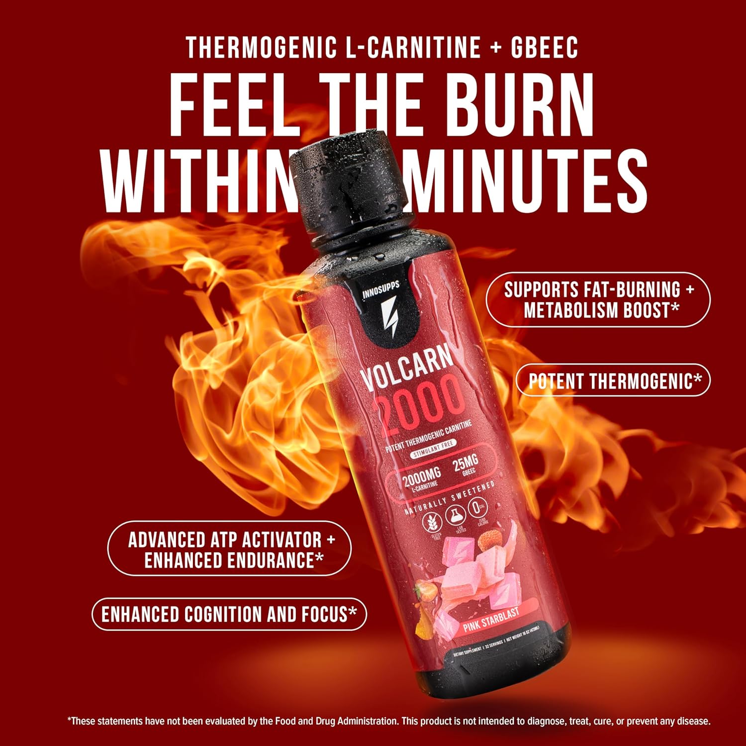 InnoSupps Volcarn 2000 - L-CARNITINE Advanced Energy Liquid | ATP Enhancer with GBEEC | Boosts Energy, Enhances Focus, Caffeine Free, No Artificial Sweeteners | 32 Servings (Pink Starblast)