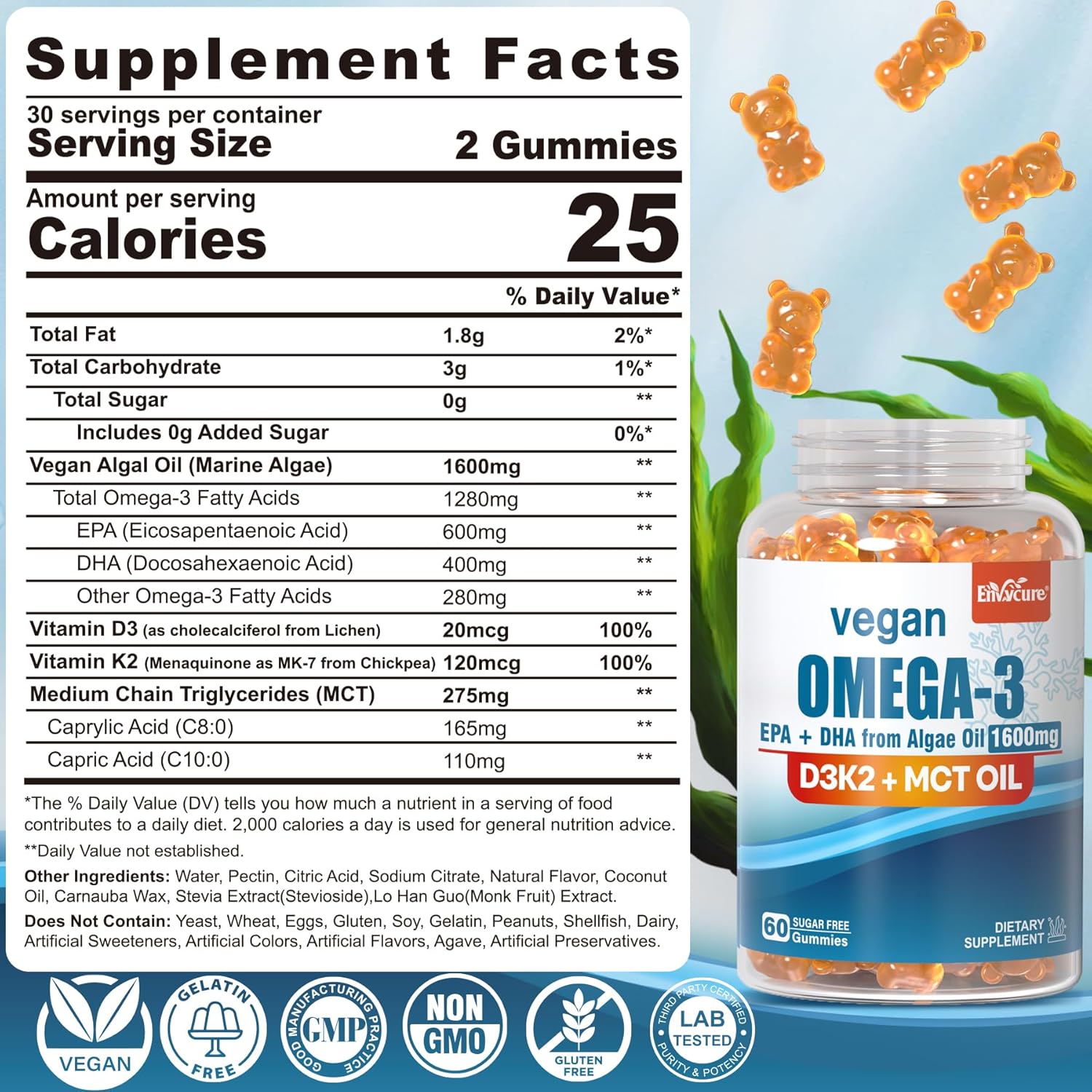 Vegan Omega 3 Gummies 1280mg + Vitamin D3 K2 (MK7), Omega 3 Fish Oil Alternative for Adults, w/Algae EPA 600mg & DHA 400mg, MCT Oil - No Fish Taste - for Brain, Eye, Immune Health, Sugar Free, 1 Pack