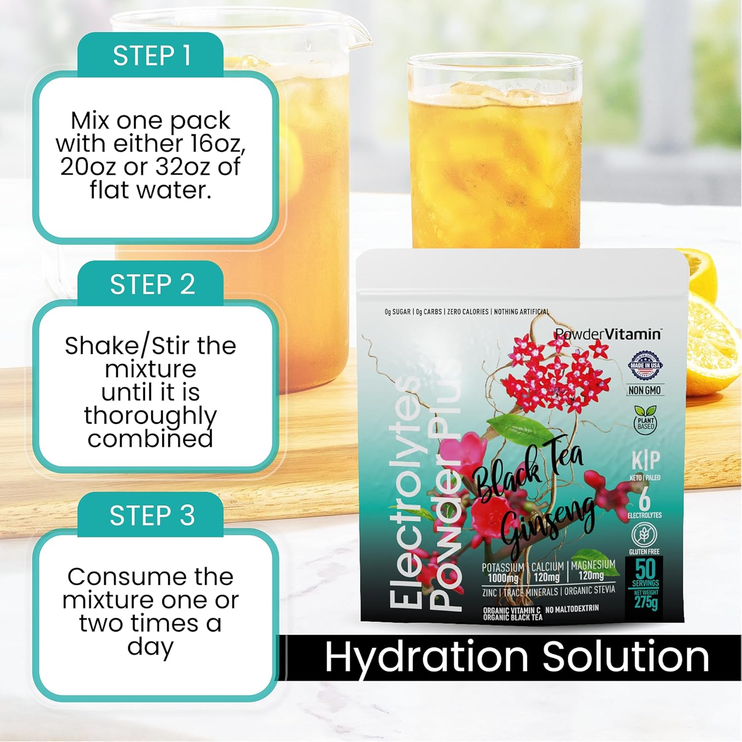 PowderVitamin Electrolytes Powder Plus (50 Servings) Black Tea Ginseng Electrolyte Powder Keto, Sugar Free, Pink Himalayan Salt,1000mg Potassium,120mg Calcium,120mg Magnesium, Hydration Powder