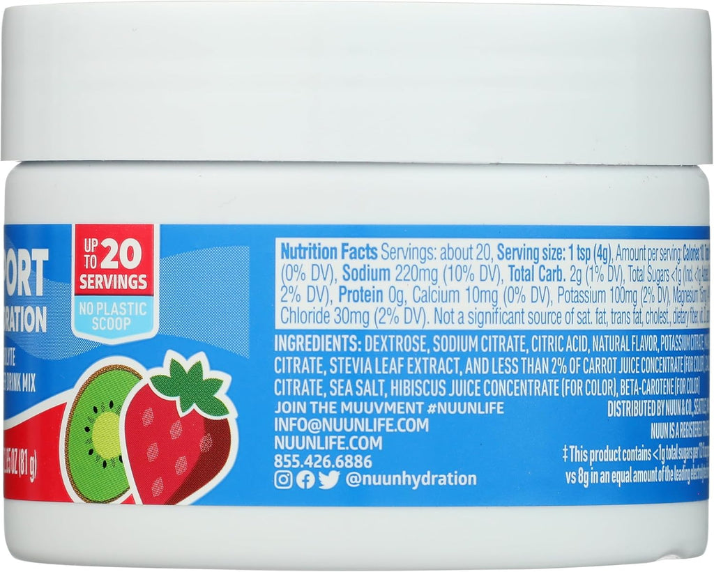 Nuun Sport Electrolyte Powder Drink Mix with Magnesium, Calcium, Potassium, Chloride, and Sodium, Strawberry Kiwi Flavor, Gluten Free & Vegan, Up to 20 Servings
