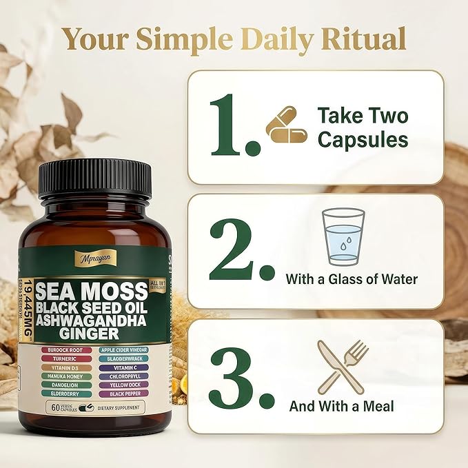 Sea Moss Capsules with Black Seed Oil, Ashwagandha & Ginger – Extra Strength 10:1 Herbal Blend with Turmeric, Burdock Root, Bladderwrack + Vitamin C & D3 – 60 Capsules (30 Servings)