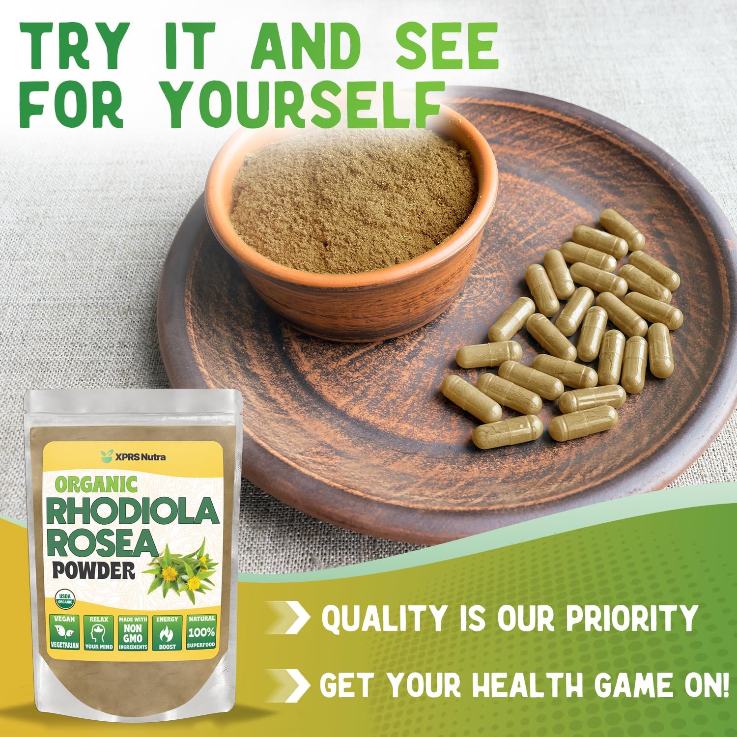 XPRS Nutra Organic Rhodiola Rosea Powder - Premium USDA Organic Rhodiola Powder for Cognition and Relaxation - Vegan Friendly Energy Booster (1 oz)
