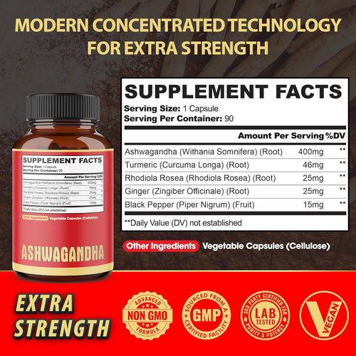 90 Capsules - Ashwagandha Supplement Capsules - Ginger Root, Turmeric, Rhodiola Rosea & Black Pepper
