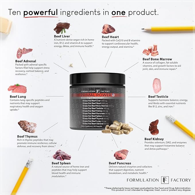 Formulation Factory Beef Liver Capsules - 10-in-1 Primal Powder Beef Organ Supplement for Men & Women with Bone Marrow & Beef Testicle - Grass Fed Ancestral Health - 120 Capsules, 2 Month Supply