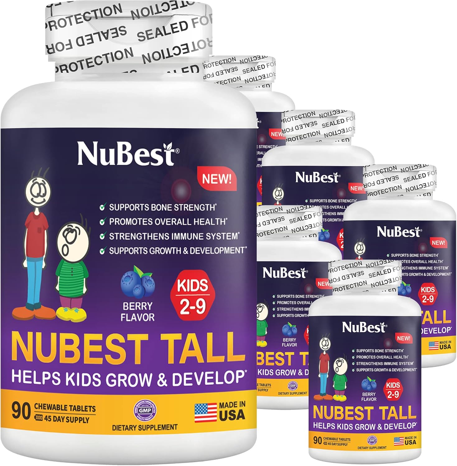 NuBest Tall Kids - Toddlers Vitamins and Kids Vitamins for Age 2 to 9 - Bone Strength, Brain Growth and Immunity with Multivitamins & Minerals | 90 Chewable Tablets | 6 Pack