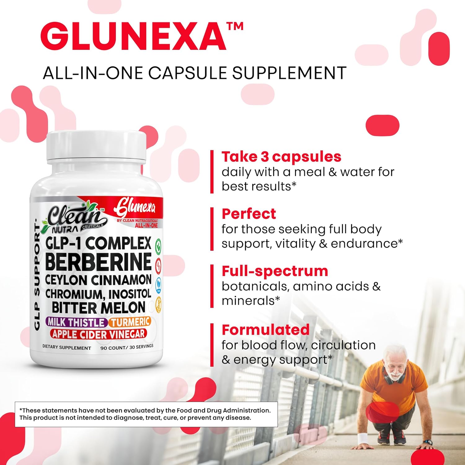 Glunexa Berberine GLP1 Support Supplements Ceylon Cinnamon Apple Cider Vinegar Chromium Myo-Inositol Bitter Melon Milk Thistle Ashwagandha Turmeric - 90 Capsules by Clean Nutra