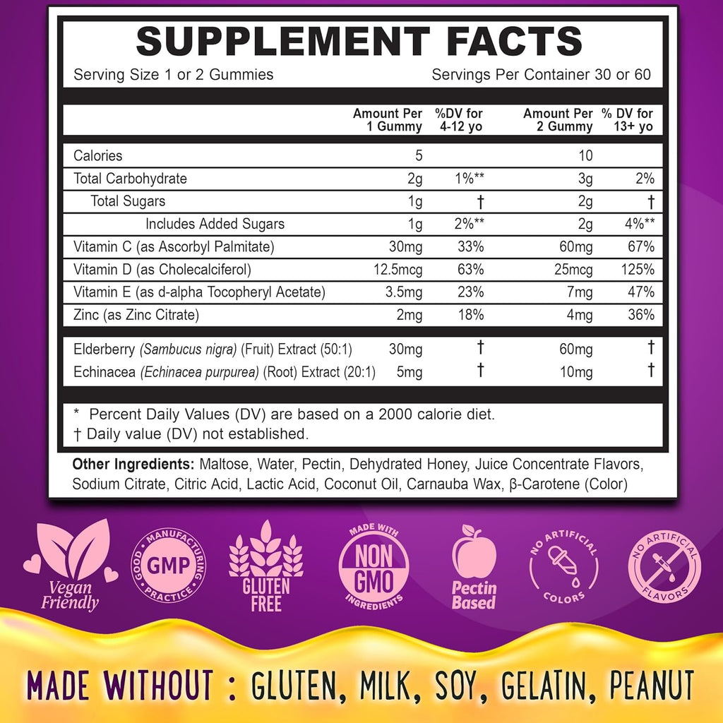 Elderberry Gummies Immunity Support - Real Honey and Lemon Immune Supplement for Kids & Teens with Vitamin C, Echinacea, and Zinc - 60 CT
