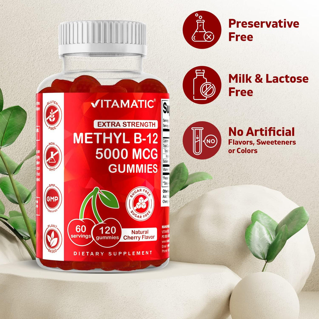 Vitamatic Extra Strength Vitamin B12 5000 mcg (Methyl B12) Gummies - 120 Count - Energy Metabolism Support and Nervous System Health Support, Natural Cherry Flavored (1)