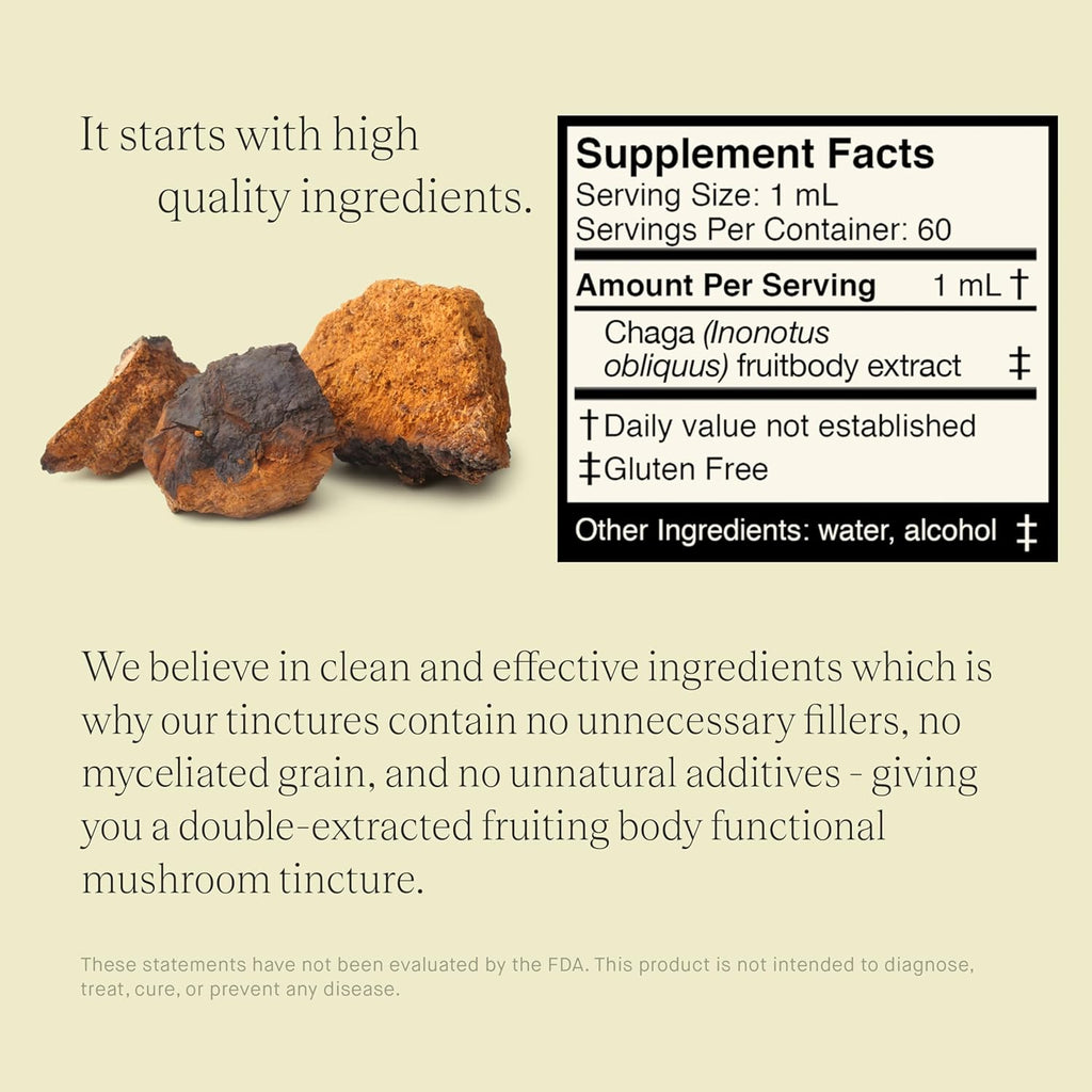 Chaga Mushroom Extract - Double Extracted Fruitbody Mushroom Tincture, Antioxidants, Hair, Skin, Nails Health (60 Servings)