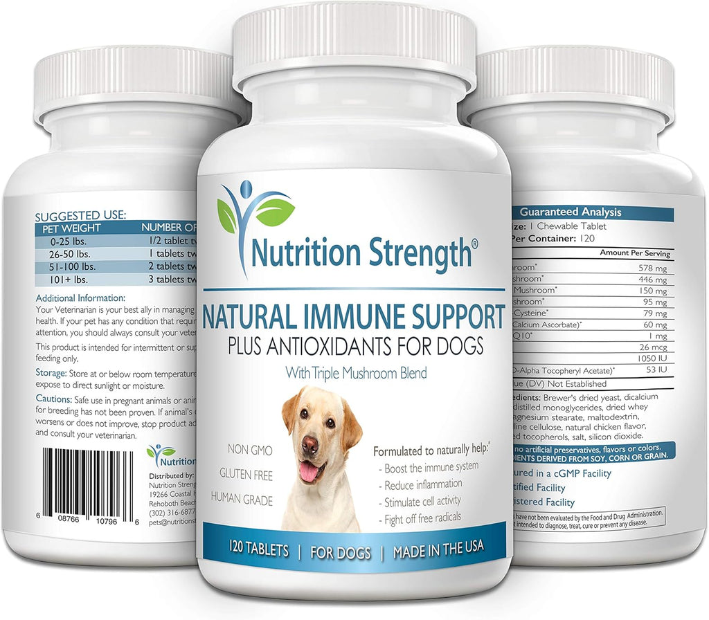 Immune Support for Dogs Plus Antioxidant, Reishi, Shiitake, Maitake, Turkey Tail Mushrooms for Dogs, with Coenzyme Q10, Selenium, Vitamin A, 120 Chewable Tablets