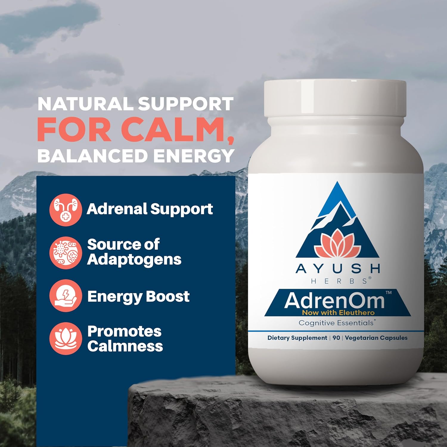 Ayush Herbs AdrenOm - Ayurvedic Adrenal and Stress-Support Supplement for Women & Men, Ashwagandha & Eleuthero to Support Adrenal Balance, Cognitive Function & Calm - 90 Vegetarian Capsules (1 Count)