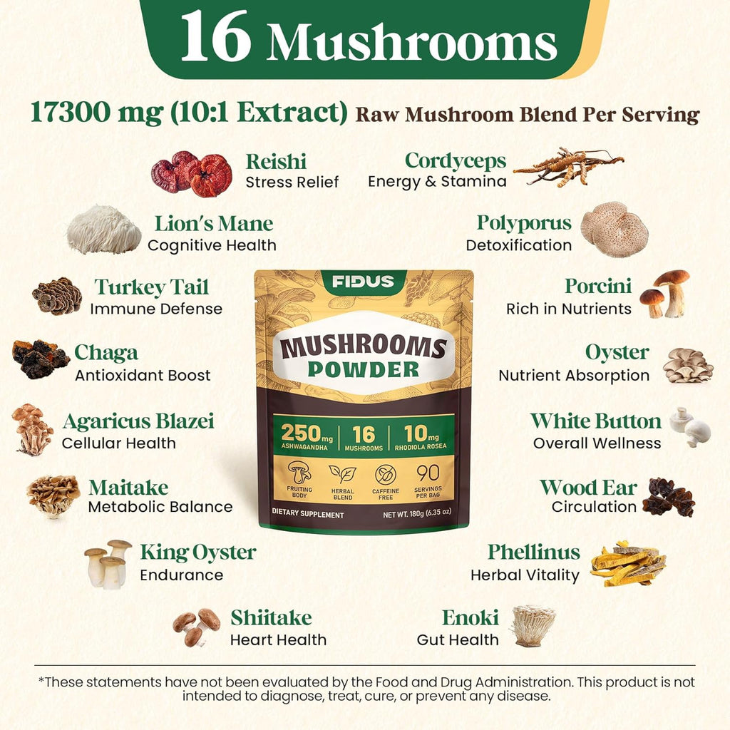 Fidus 16 Mushroom Supplement Powder with 17,300mg, 90 Servings Mushroom Coffee Alternative for Immunity, Focus & Energy with Ashwagandha, Lion's Mane, Chaga, Reishi and Cordyceps, 100% Fruiting Bodies