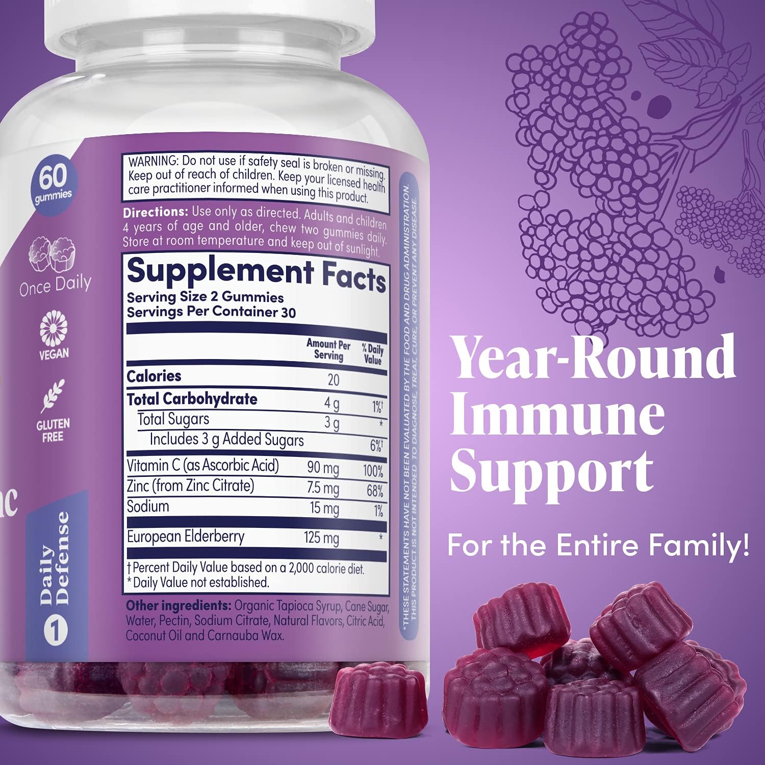ZAND Elderberry Zinc Immunity Gummies with Vitamin C | Year-Round Immune Support for Children & Adults | 60ct, 30 Serv. (Pack of 2)