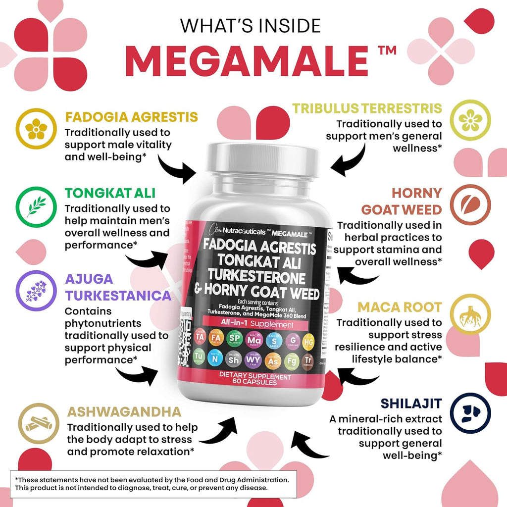 Clean Nutraceuticals Fadogia Agrestis Tongkat Ali Turkesterone Supplement with Horny Goat Weed, Saw Palmetto, Maca Root, Siberian Ginseng, Tribulus Terrestris, Fenugreek, Wild Yam - 60 Count