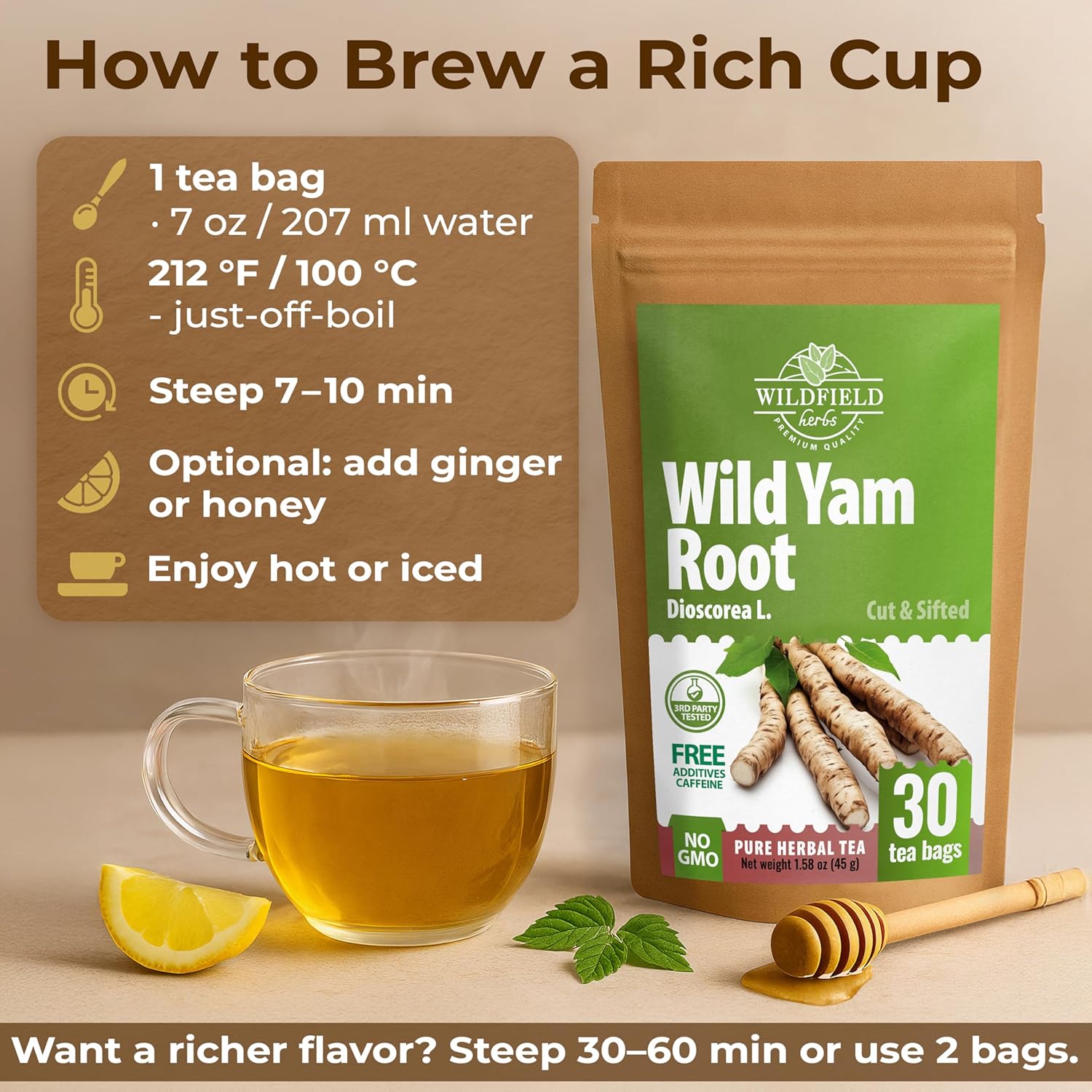 30 Bags Wild Yam Root Herbal Tea (Dioscorea) – 30 Tea Bags 1.5g Dioscorea Root Raíz de Name Silvestre