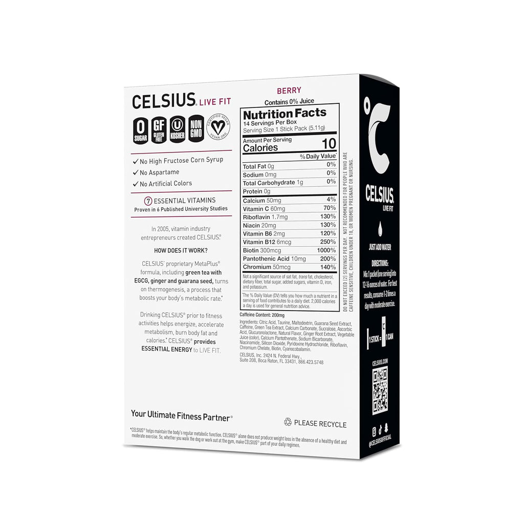CELSIUS On-the-Go Powder Stick Packs, Zero Sugar (14 Sticks per Pack), Berry, 2.5 Ounce, (Pack of 14)