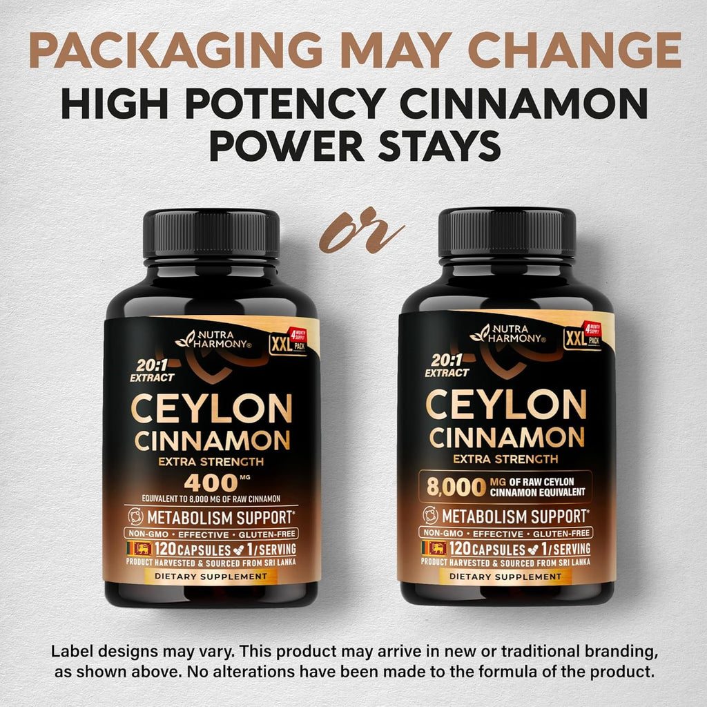 Ceylon Cinnamon Capsules - Extra Strength - Energy, Heart & Metabolism Support - for Men & Women - Pure Natural Extract 20:1 Supplement - Made in USA - GMO & Gluten Free, 120 Capsules, 4 Month Supply