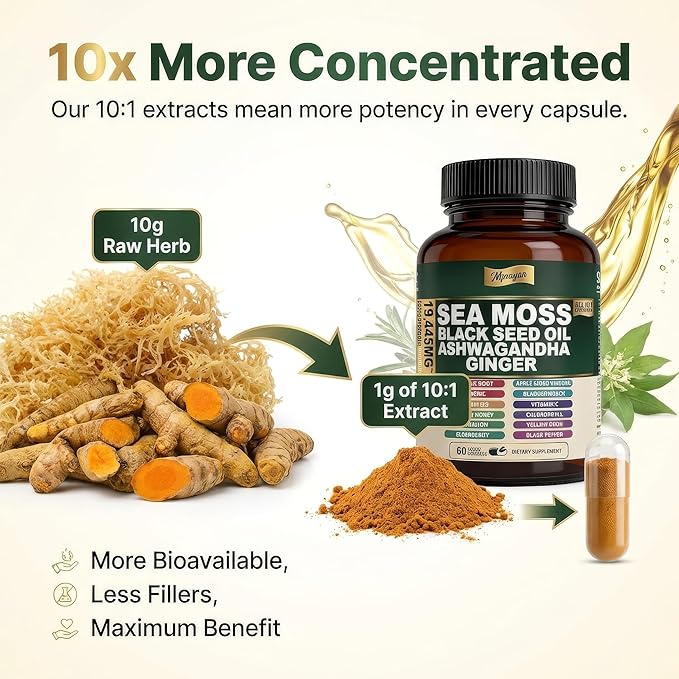 Sea Moss Capsules with Black Seed Oil, Ashwagandha & Ginger – Extra Strength 10:1 Herbal Blend with Turmeric, Burdock Root, Bladderwrack + Vitamin C & D3 – 60 Capsules (30 Servings)
