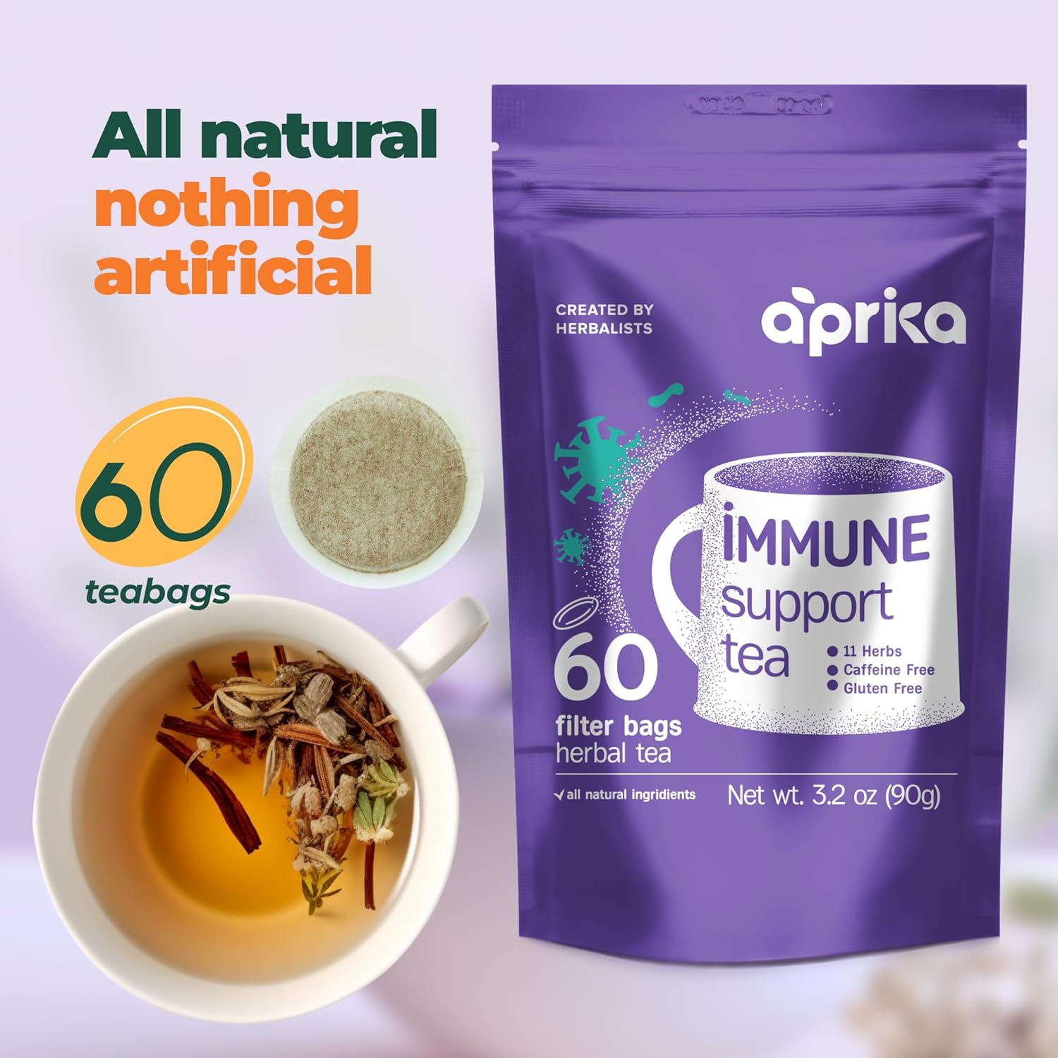 Immunity Booster Decaffeinated Tea Bags, Pure Herbal Immunity Blend - Lemon Balm, Peppermint, Chamomile, Lavender. Immune Support Supplement - 60 Bags by Aprika Life