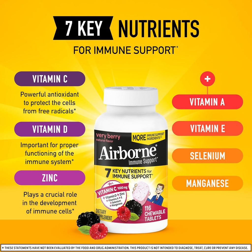 Airborne Vitamin C 1000mg (per Serving) - Very Berry Chewable Tablets (116 Count in a Bottle), Gluten-Free Immune Support Supplement, with Vitamins A C E, Zinc, Selenium, Ginger, Antioxidants
